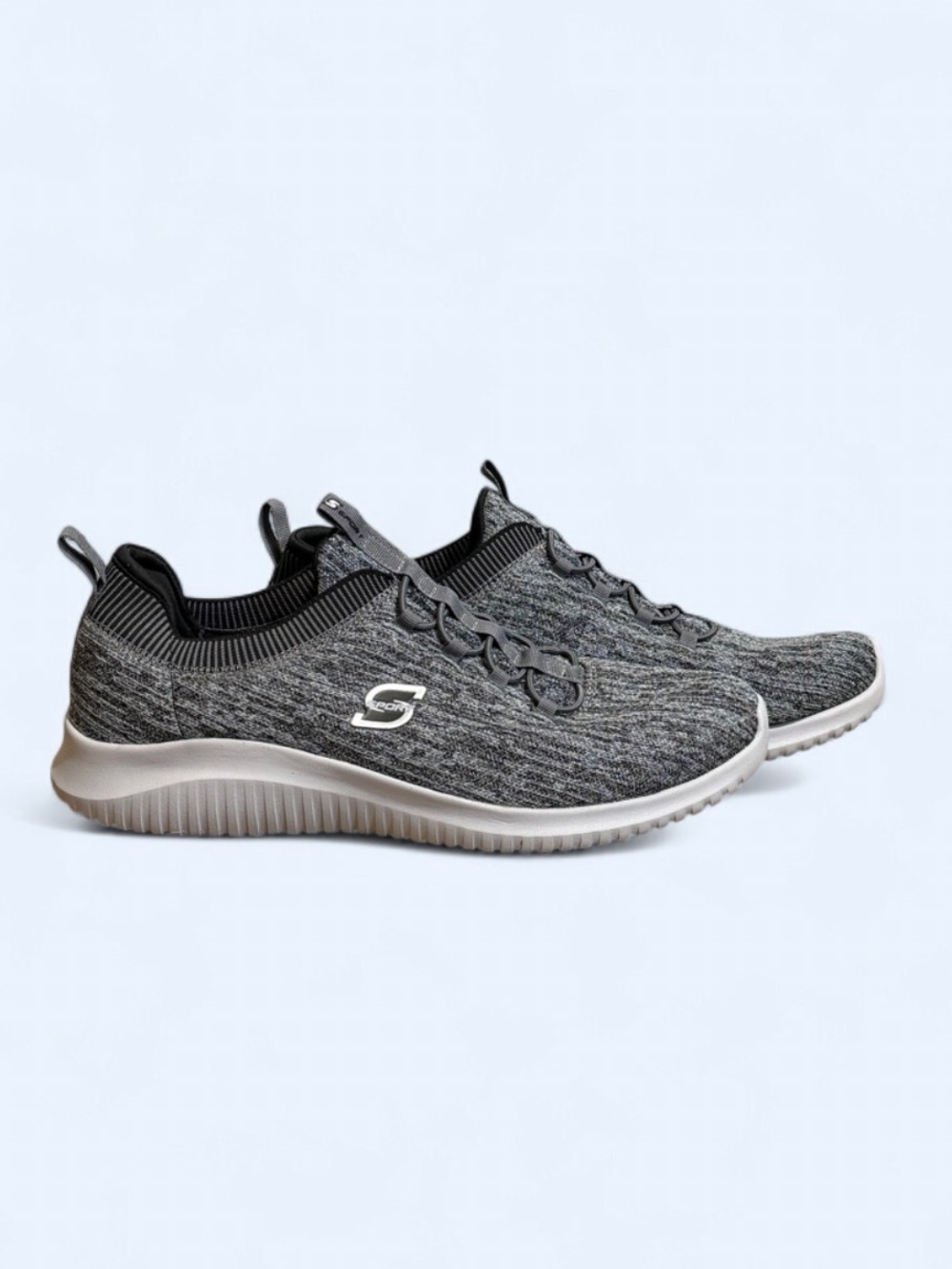 Skechers Ultra Flex Gray Black Heathered Knit Slip on Comfort Sneakers